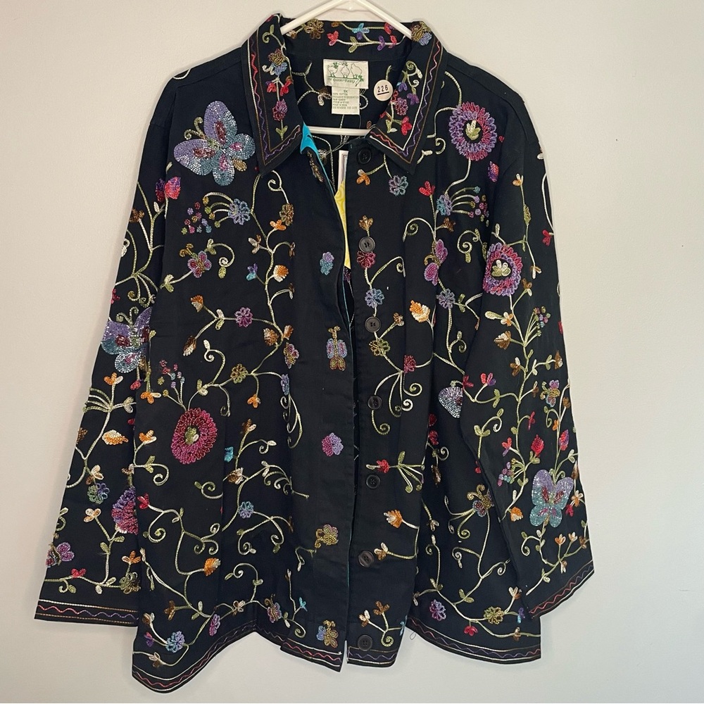 The Quacker Factory Black Jacket NWT with Colorful Flower & Butterfly Embroidery